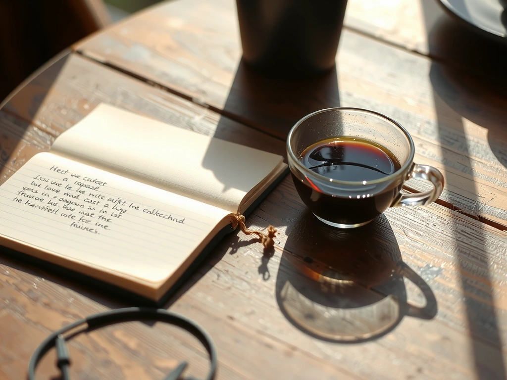 Detailní pohled na otevřený zápisník s poznámkami na dřevěném stole v kavárně