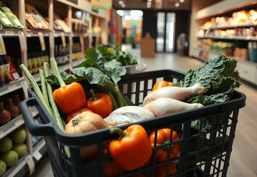 Nákupní koš s čerstvými surovinami v obchodě