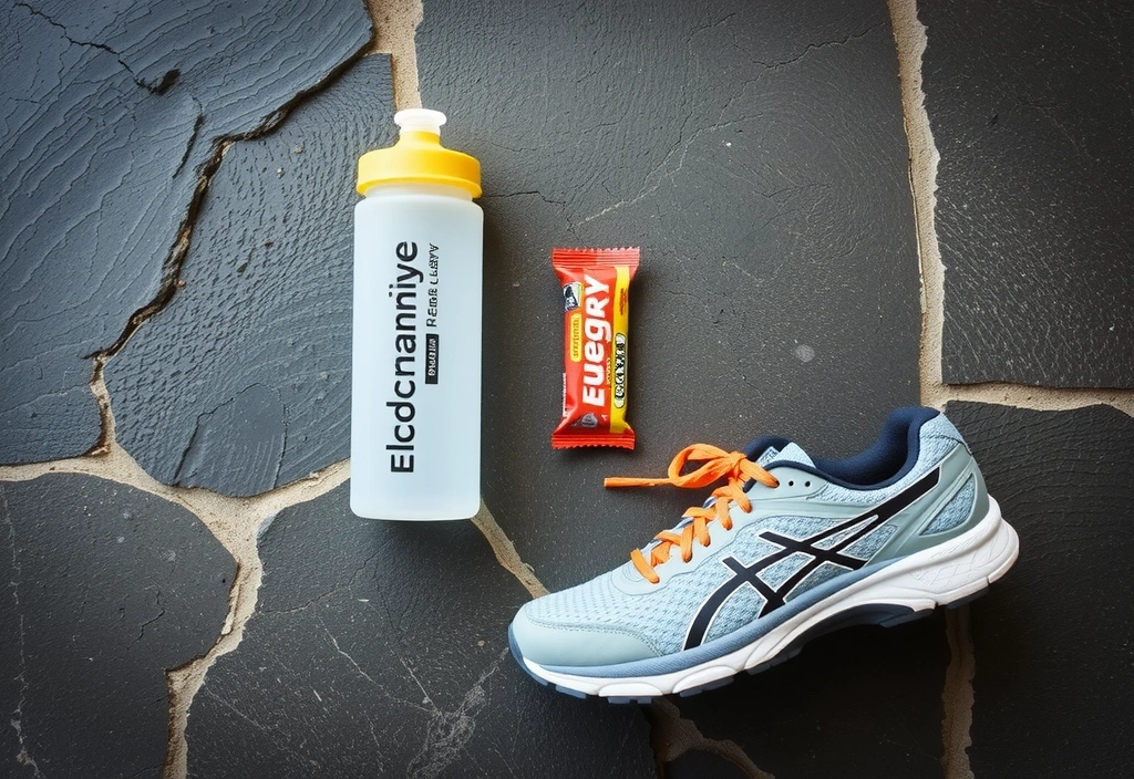 Běžecká výbava: boty, iontový nápoj, tyčinka